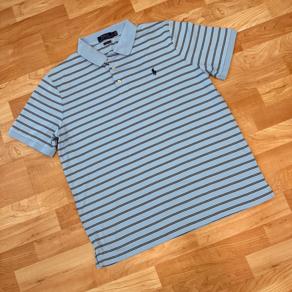 Polo Ralph Lauren Mens Large Blue Striped Classic Fit Short Sleeve Polo Shirt